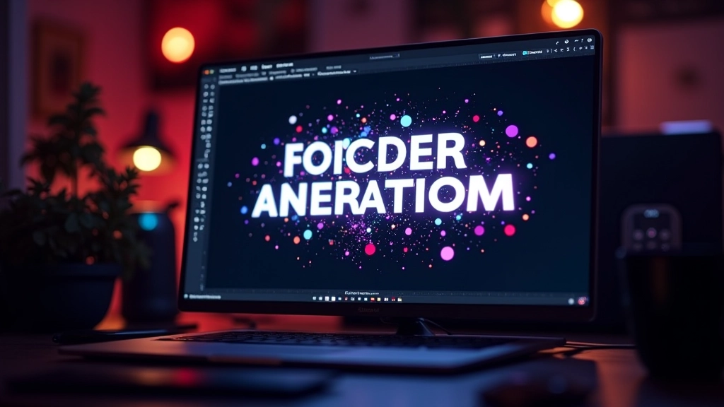 Écran montrant une animation de typographie en mouvement avec des particules colorées et des transitions fluides