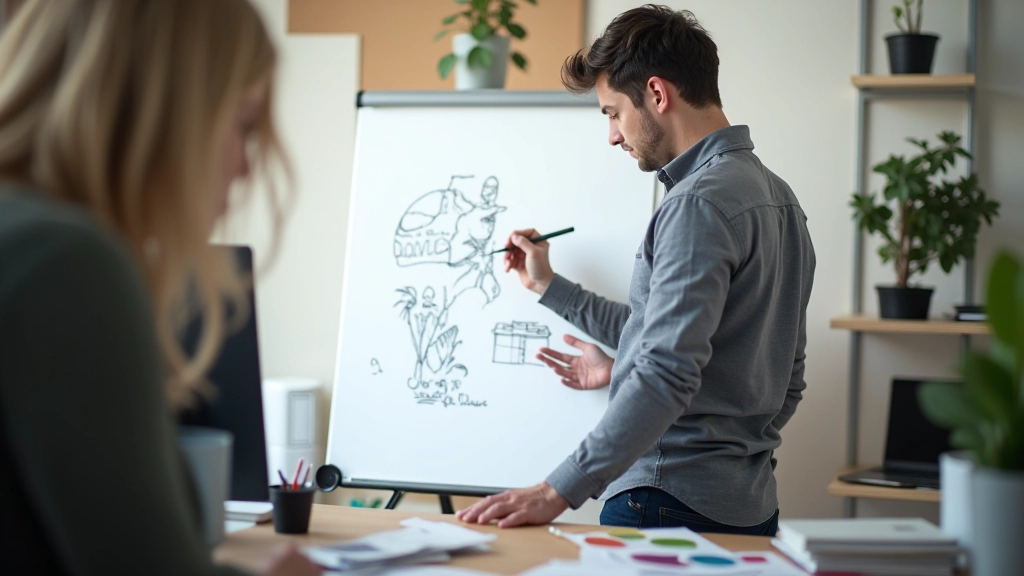 Tableau blanc avec croquis de concepts de design et palette de couleurs pour une identité visuelle de festival