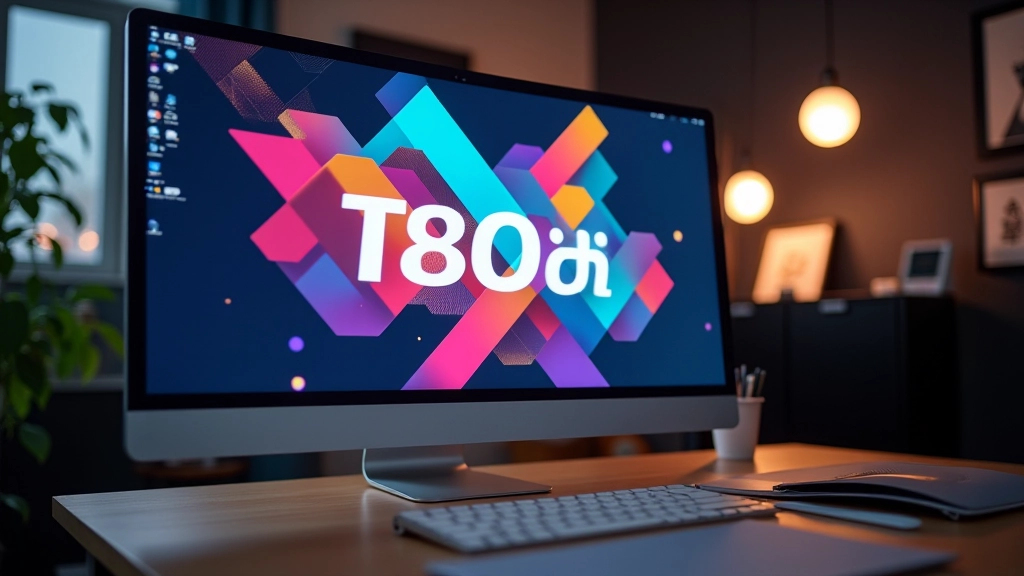 Ordinateur de bureau affichant une animation d'affiche colorée avec des formes géométriques en mouvement
