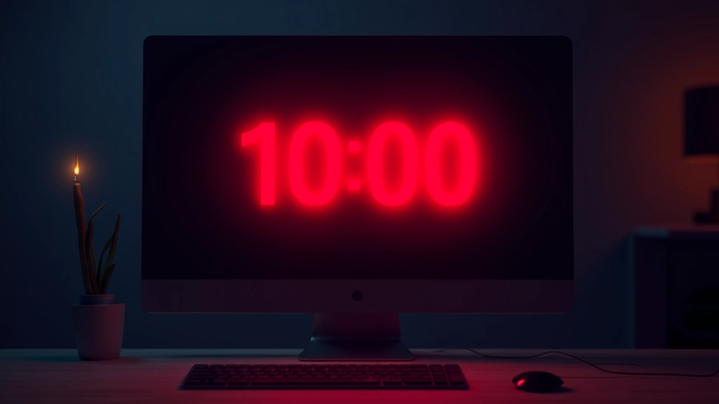 Écran d'ordinateur affichant une interface d'événement avec un compte à rebours animé en chiffres rouges brillants