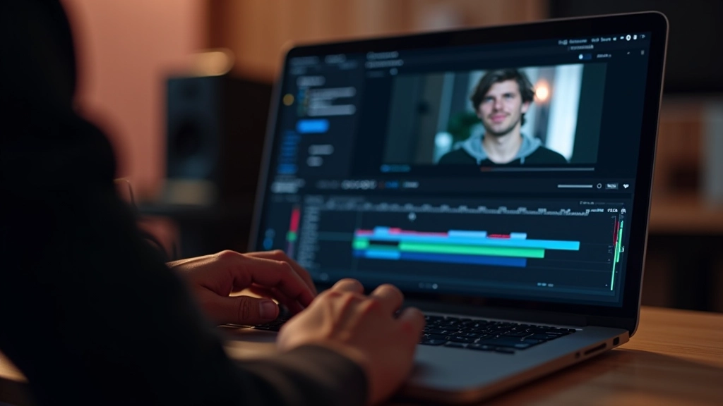 Écran d'ordinateur portable montrant une interface de montage vidéo avec timeline de clips et effets graphiques