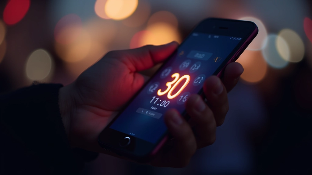 Écran de téléphone mobile montrant un compte à rebours animé en temps réel avec chiffres luminescents