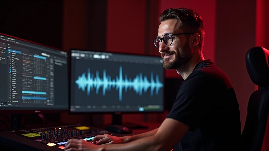 Ingénieur du son travaillant à la console d'enregistrement avec plusieurs pistes audio visibles sur l'écran, studio professionnel d'événement
