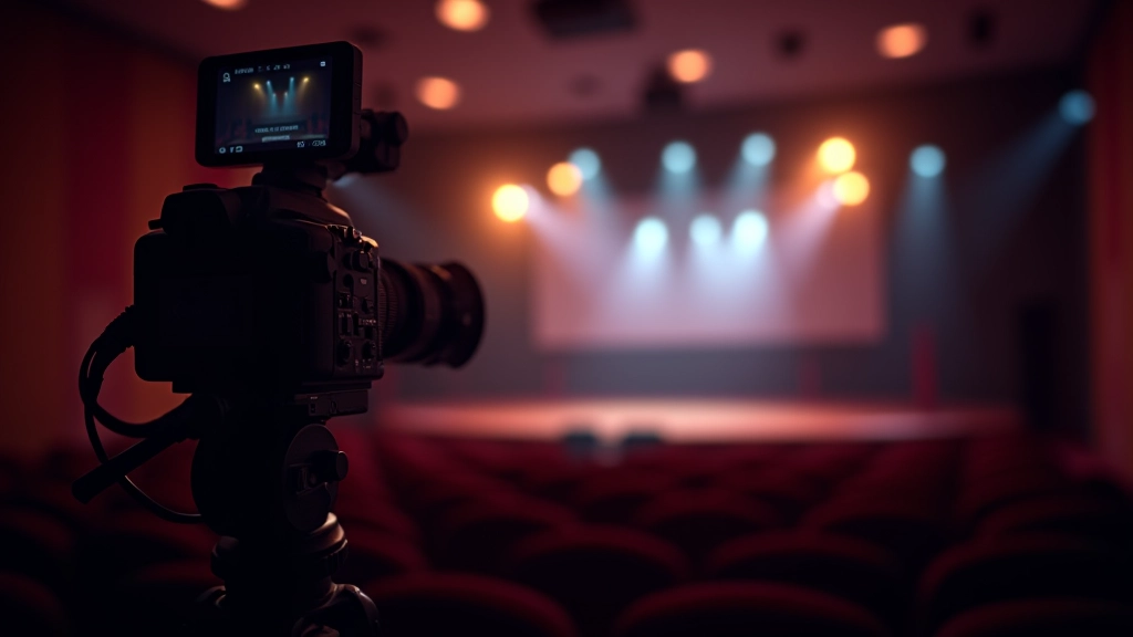 Caméra vidéo professionnelle filmant l'intérieur d'une salle de conférence moderne avec scène éclairée
