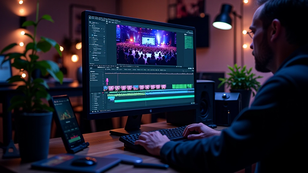 Écran de montage vidéo montrant les plans d'une salle d'événement avec des transitions fluides et des effets de mouvement, interface de montage professionnel