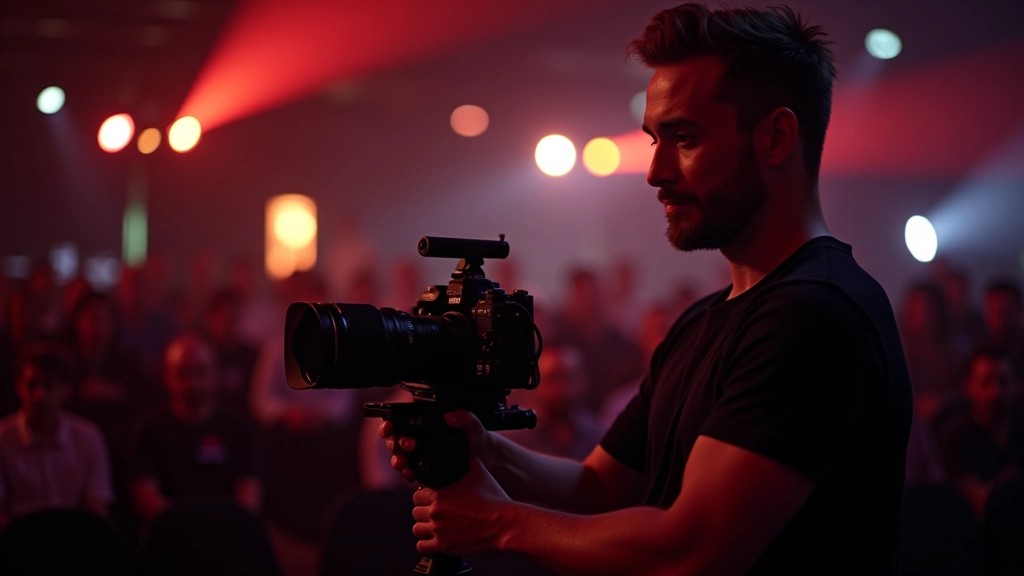 Cinéaste professionnel réglant les paramètres d'une caméra stabilisée pour un plan de mouvement fluide, studio d'événement, éclairage ambiant